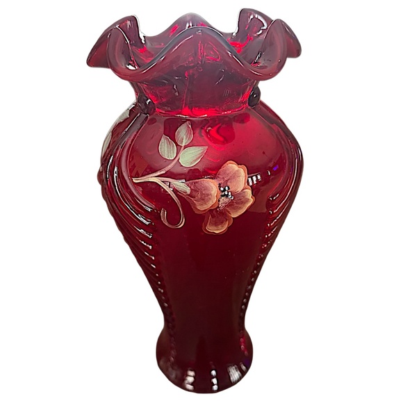 FENTON Vintage Cranberry Feather Vase 11” Hand Painted Signed Floral Design - Picture 2 of 8